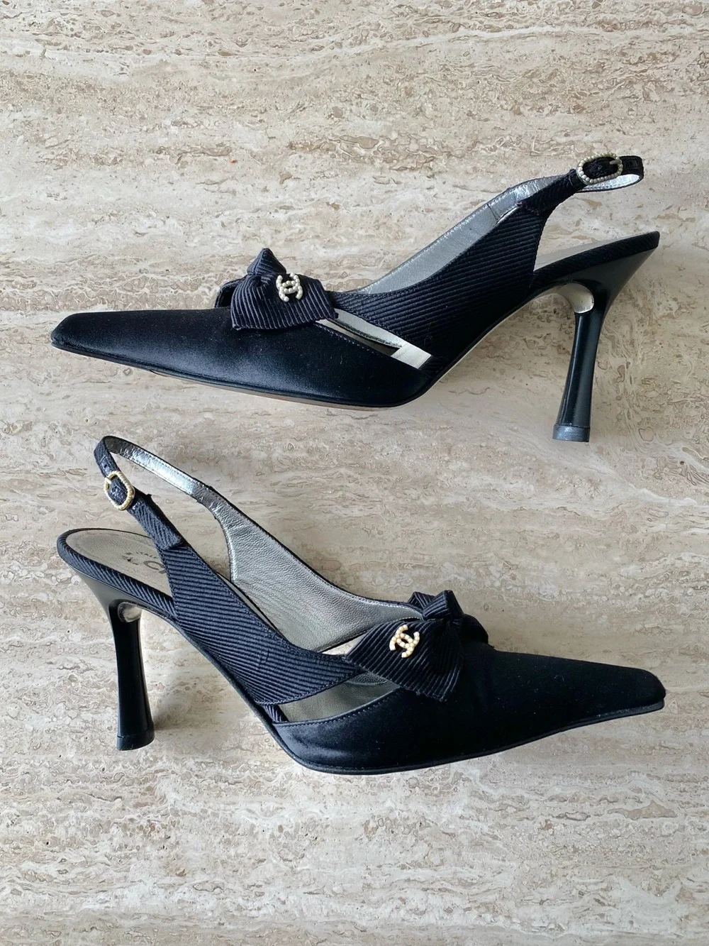 Vintage Chanel Satin Grosgrain Pearl CC Bow Slingback Heels